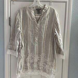 Sharon Young Striped Tunic Beige Khaki Navy Linen Cotten Embroidered Casual L